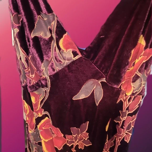 Floral burgundy and orange velvet Women's slip dress - Picture 2 of 3